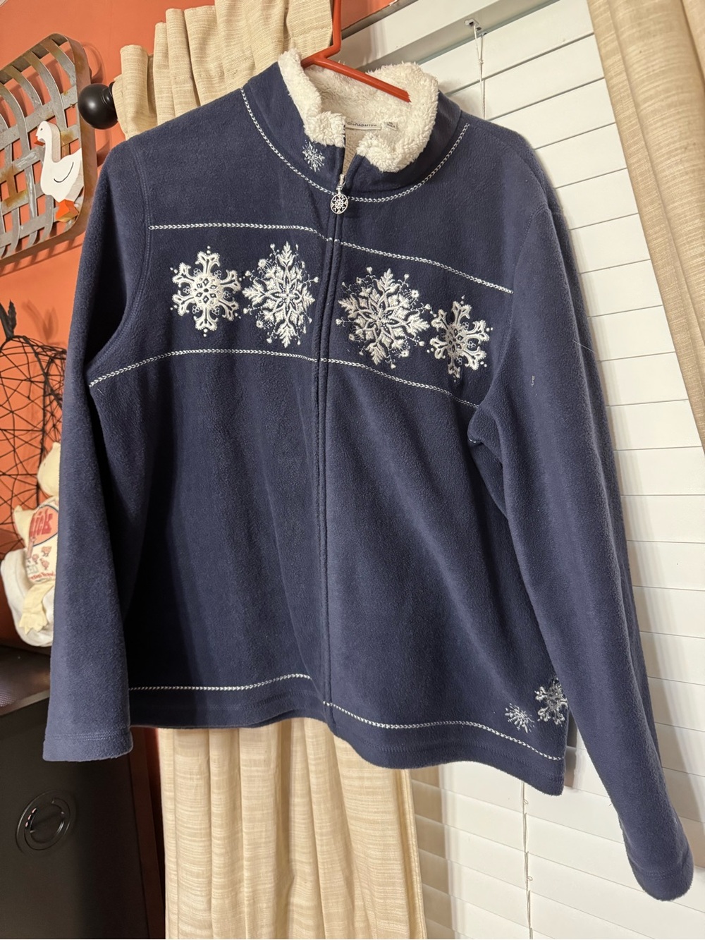 croft & barrow Navy Zip-Up Fleece Jacket with Snowflake Embroidery